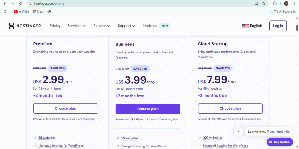 pricing and plans Hostinger
