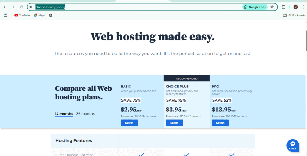 pricing and plans Bluehost