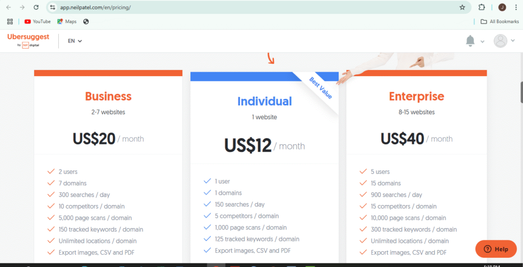 pricing & plans Ubersuggest 